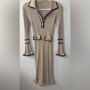 Beige Ribbed Long-Sleeve Knit Dress with Contrast Trim